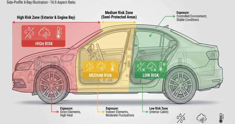 Automotive connectors installation zones and environmental exposure
