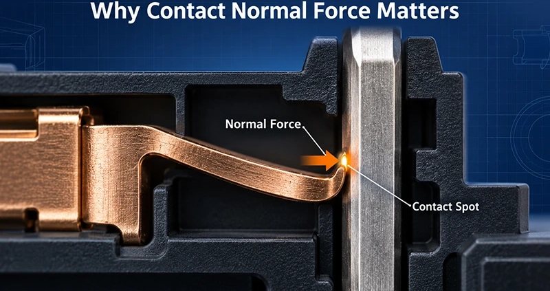 Spring contact applying normal force to a mating connector terminal