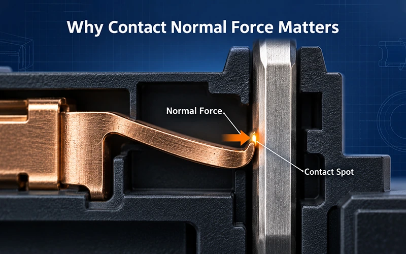 Spring contact applying normal force to a mating connector terminal