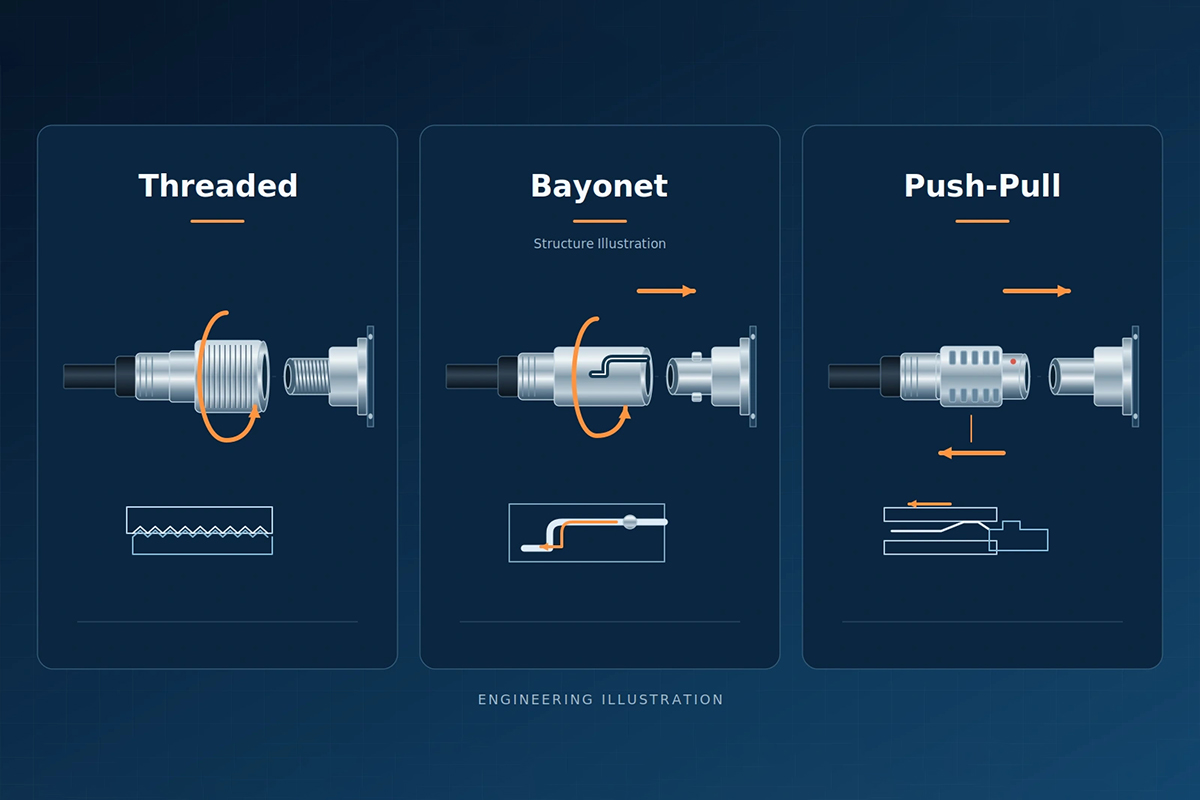 Comparison of threaded, bayonet, and push-pull connector coupling actions