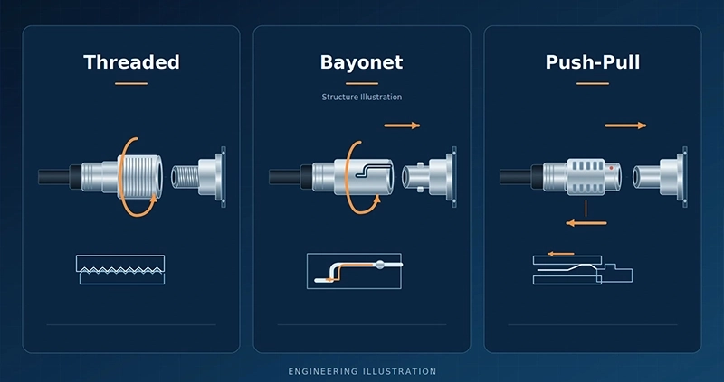 Comparison of threaded, bayonet, and push-pull connector coupling actions