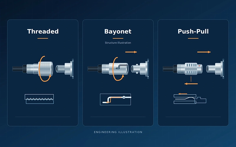 Comparison of threaded, bayonet, and push-pull connector coupling actions